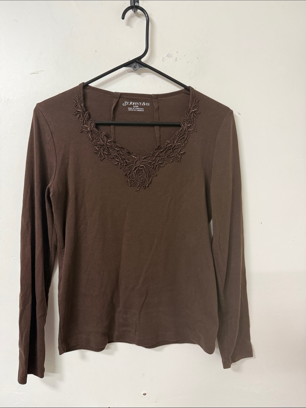 St. John's Bay Chocolate Brown Long Sleeve V-Neck Top with Embroidered Trim
